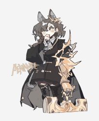 Rule 34 | 1girl, animal ears, arknights, black jacket, black thighhighs, brown eyes, brown hair, commentary, covered mouth, cropped legs, english commentary, gauntlets, grey background, hair between eyes, hand up, highres, holding, jacket, long hair, looking at viewer, parted bangs, penance (arknights), simple background, single gauntlet, solo, tail, thighhighs, thurim6, wolf ears, wolf girl, wolf tail