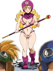Rule 34 | 1girl, bare arms, blonde hair, boots, breasts, censored, dragon quest, dragon quest ii, embarrassed, feet, goggles, groin, highres, holding, hood, large breasts, legs, lingerie, long hair, looking at viewer, machwing, mosaic censoring, navel, nipples, princess of moonbrook, pubic hair, see-through, simple background, sleeveless, staff, standing, thighs, underwear, white background