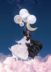 Rule 34 | 2boys, above clouds, absurdres, arm up, balloon, bird, black capelet, black footwear, black robe, blue sky, capelet, cloud, clytie (ata yuri), crescent, crescent balloon, cross-laced footwear, erichthonios, final fantasy, final fantasy xiv, from side, grey hair, highres, holding, holding balloon, hood, hood down, hooded capelet, liftoff, looking at viewer, looking back, male focus, mask, mask around neck, medium hair, midair, multiple boys, open mouth, orange eyes, orange hair, outdoors, outstretched arm, robe, shoes, shooting star, short hair, sky, smile, sparkle, star (sky), star (symbol), starry sky, tassel, themis (ff14), white bird, white capelet, white footwear, white robe, wide sleeves