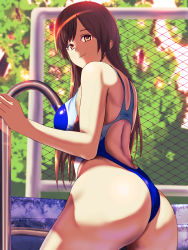 Rule 34 | 10s, 1girl, araimooah, ass, bare arms, bare shoulders, blurry, blush, breasts, brown eyes, brown hair, competition swimsuit, cowboy shot, depth of field, from behind, highres, idolmaster, idolmaster cinderella girls, idolmaster cinderella girls starlight stage, long hair, looking at viewer, looking back, medium breasts, nitta minami, one-piece swimsuit, pool ladder, smile, solo, swimsuit