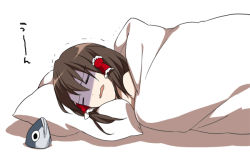 Rule 34 | 1girl, bad id, bad pixiv id, blanket, closed eyes, female focus, fish, hair tubes, hakurei reimu, nightmare, pillow, rin (royal), shaded face, sleeping, solo, touhou, under covers