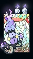 Rule 34 | chandelure, creatures (company), fire, full body, game freak, gen 5 pokemon, highres, litwick, muguet, nintendo, no humans, open mouth, pokemon, pokemon (creature), smile, stained glass, yellow eyes