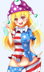 Rule 34 | 1girl, american flag dress, american flag legwear, blonde hair, blue background, blush, clothes pull, clownpiece, daichi (tokoya), fairy wings, hat, head tilt, highres, jester cap, long hair, looking at viewer, no panties, open mouth, pantyhose, pantyhose pull, red eyes, short sleeves, simple background, smile, solo, star (symbol), striped, tokoya, touhou, v, wings