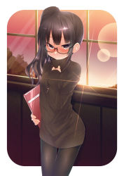 Rule 34 | 1girl, bad id, bad pixiv id, black hair, black pantyhose, blush, breasts, brown eyes, cross, dancho (dancyo), dress, glasses, hand on own chest, highres, light rays, long hair, original, pantyhose, ribbed sweater, side ponytail, simple background, skull.03, sleeves past wrists, small breasts, solo, sunbeam, sunlight, sweater, sweater dress, thigh gap, thighs, turtleneck, white background, window