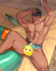 Rule 34 | 1boy, abs, armpits, arms up, bara, beach, blush, bulge, censored, dark-skinned male, dark skin, emoji, emoji censor, food on body, food on clothes, from above, green male swimwear, highres, innertube, large pectorals, lemon emoji, looking at viewer, lying, male focus, male swimwear, muscular, muscular male, navel, nipples, on back, original, pectorals, sand, short hair, sideburns, solo, spread legs, stomach, sunglasses, swim briefs, swim ring, tanline peek, thick eyebrows, thick thighs, thighs, topless male, unlikely accident, youchi123