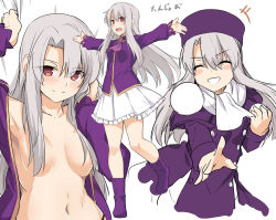 Rule 34 | 1girl, breasts, collarbone, dress, duplicate, fate/stay night, fate (series), fur hat, grin, hair over breasts, hat, illyasviel von einzbern, jacket, long hair, looking at viewer, multiple views, navel, open clothes, open jacket, open mouth, papakha, purple footwear, purple headwear, purple jacket, red eyes, shiseki hirame, simple background, small breasts, smile, white background, white dress, white hair
