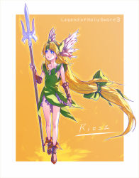 Rule 34 | 1girl, absurdly long hair, armor, blonde hair, blue eyes, breasts, bridal gauntlets, character name, commentary request, copyright name, dress, english text, forehead jewel, green dress, helmet, long hair, low-tied long hair, pauldrons, polearm, riesz, seiken densetsu, seiken densetsu 3, shoulder armor, solo, spear, tamago tomato, very long hair, weapon, winged helmet