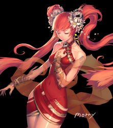 Rule 34 | 1girl, bad id, bad pixiv id, bare shoulders, black background, covered navel, cowboy shot, dress, closed eyes, flower, hair flower, hair ornament, halterneck, jewelry, lips, long hair, million yaanyi, morry, red dress, red hair, skull, skull hair ornament, solo, tattoo, twintails, very long hair