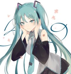 Rule 34 | 1girl, aqua eyes, aqua hair, aqua necktie, bare shoulders, black skirt, black sleeves, breasts, closed mouth, collared shirt, commentary, detached sleeves, floral background, grey shirt, hands up, hatsune miku, long hair, long sleeves, looking at viewer, lpip, medium breasts, necktie, pleated skirt, shirt, simple background, skirt, sleeveless, sleeveless shirt, smile, solo, symbol-only commentary, tie clip, twintails, very long hair, vocaloid, white background, wide sleeves