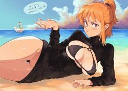 Rule 34 | 1girl, beach, black bra, black sweater, blue sky, blush, boat, bottomless, bra, breast cutout, breasts, brown eyes, cloud, day, english text, female pubic hair, going merry, hand up, horizon, large breasts, long hair, long sleeves, looking at viewer, lying, nami (one piece), ocean, on side, one piece, orange hair, orange pubic hair, outdoors, parted lips, ponytail, pubic hair, ribbed sweater, sky, solo, sparse pubic hair, speech bubble, sweater, thigh gap, underwear, urumi (urumi00), watercraft