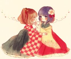 Rule 34 | 2girls, back, bell, blush, checkered clothes, checkered shirt, floral print, flower, frills, hair bell, hair flower, hair ornament, hand on another&#039;s face, hieda no akyuu, japanese clothes, kimono, looking at another, motoori kosuzu, multiple girls, orange eyes, orange hair, profile, purple eyes, purple hair, shirt, short hair, simple background, sitting, skirt, smile, touhou, twintails, vest, yujup, yuri