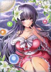 Rule 34 | 1girl, bare shoulders, bow, breasts, cleavage, colored pencil (medium), female focus, flower, frilled sleeves, frills, hair flower, hair ornament, highres, houraisan kaguya, large breasts, lily (flower), long hair, mii@chiffonx, moon, naughty face, night, night sky, off shoulder, open mouth, outline, purple eyes, purple hair, sample watermark, sky, smile, solo, star (sky), starry sky, touhou, traditional media, very long hair, watermark