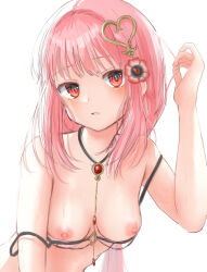 Rule 34 | 1girl, bare shoulders, bikini, blush, breasts, cleavage, collarbone, flower, hair flower, hair ornament, hairclip, heart, heart hair ornament, jewelry, kanechitomoyo, long hair, looking at viewer, magia record: mahou shoujo madoka magica gaiden, mahou shoujo madoka magica, medium breasts, necklace, nipples, off shoulder, open mouth, parted lips, pink hair, playing with own hair, red eyes, sidelocks, simple background, solo, strap slip, swimsuit, tamaki iroha, tamaki iroha (swimsuit ver.), topless, upper body, wet, white background