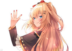 Rule 34 | 1girl, akai haato, akai haato (gothic lolita), black capelet, blonde hair, blue eyes, blush, bow, capelet, commentary, eyes visible through hair, frilled capelet, frills, hair between eyes, hair bow, hair ornament, heart, heart hair ornament, highres, hololive, long hair, long sleeves, looking at viewer, magowasabi, nail polish, red bow, red nails, signature, smile, solo, twitter username, two side up, upper body, virtual youtuber, white background, x hair ornament