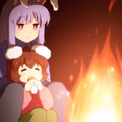 Rule 34 | 2girls, ^ ^, ahoge, alternate costume, animal ears, blue jacket, brown hair, campfire, closed eyes, commentary, eating, food, frown, green pants, holding, holding food, inaba tewi, jacket, jitome, knees up, long hair, long sleeves, multiple girls, pants, pink jacket, purple hair, rabbit ears, red eyes, reisen udongein inaba, shirosato, short hair, sidelocks, sitting, sweet potato, symbol-only commentary, touhou