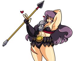 Rule 34 | 1girl, indivisible, long hair, muscular, phoebe (indivisible), purple hair, red eyes, tagme, weapon