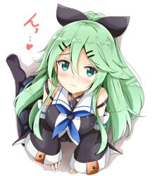 Rule 34 | 10s, 1girl, aikawa ryou, black legwear, black skirt, blue neckerchief, blush, breasts, commentary request, detached sleeves, from above, green eyes, green hair, hair between eyes, hair ornament, hair ribbon, hairclip, heart, kantai collection, long hair, looking at viewer, neckerchief, no shoes, pleated skirt, ponytail, ribbon, school uniform, serafuku, simple background, skirt, solo, suggestive fluid, white background, wide sleeves, yamakaze (kancolle)