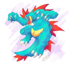 Rule 34 | 2023, claws, creatures (company), crocodilian tail, dated, feraligatr, from side, full body, game freak, gen 2 pokemon, highres, nintendo, no humans, open mouth, pokemon, pokemon (creature), rinatigresa, sharp teeth, simple background, solo, spikes, tail, teeth, white background, yellow eyes
