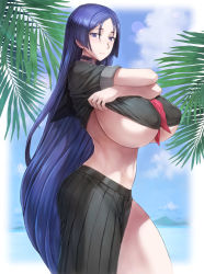 Rule 34 | 1girl, bad id, bad twitter id, breasts, clothes pull, covered erect nipples, fate/grand order, fate (series), highres, huge breasts, long hair, mature female, minamoto no raikou (fate), minamoto no raikou (fate/grand order), minamoto no raikou (swimsuit lancer) (fate), minamoto no raikou (swimsuit lancer) (second ascension) (fate), mogudan, outdoors, parted bangs, purple hair, school uniform, serafuku, shirt pull, skirt, solo, standing, underboob, undressing, very long hair