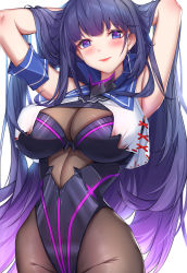 Rule 34 | 1girl, absurdres, arm behind head, armband, armor, armored dress, armpits, blue eyes, blush, braid, breasts, cleavage cutout, clothing cutout, commentary request, cropped vest, earrings, glint, groin, hair down, hands in hair, highres, honkai (series), honkai impact 3rd, jewelry, large breasts, long hair, looking at viewer, partial bodysuit, ponytail, purple hair, raiden mei, raiden mei (lightning empress), side braid, smile, very long hair, vest, wu ganlan cai