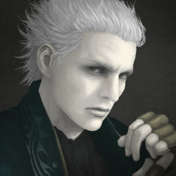 Rule 34 | 1boy, bad id, bad pixiv id, capcom, devil may cry (series), devil may cry 3, f (zxc0000), fingerless gloves, gloves, looking at viewer, male focus, short hair, solo, vergil (devil may cry), white hair