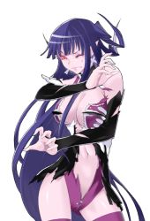 Rule 34 | 1girl, arm warmers, bare shoulders, beelzebub (caladrius), bone earrings, breasts, caladrius, choker, cleavage, earrings, female focus, glowing, glowing eyes, jewelry, large breasts, long hair, navel, official art, purple hair, purple thighhighs, red eyes, simple background, solo, thighhighs, thighs, torn clothes, unzipped, very long hair, yasuda suzuhito, zipper