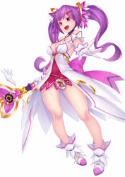 Rule 34 | 1girl, :d, aisha landar, breasts, cleavage, dimension witch (elsword), elsword, full body, gloves, hair ornament, hairclip, highres, long hair, looking at viewer, open mouth, outstretched hand, pak ce, pink skirt, purple eyes, purple hair, shoes, simple background, skirt, smile, solo, staff, standing, twintails, white background, white footwear, white gloves