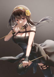 Rule 34 | 1girl, bare shoulders, black dress, black gloves, black hair, blush, boots, breasts, cleavage, closed mouth, dagger, dress, dual wielding, earrings, fingerless gloves, floating hair, flower, gloves, gold earrings, gold hairband, gradient background, grey background, hair flower, hair ornament, hairband, high heel boots, high heels, highres, holding, holding dagger, holding knife, holding weapon, jewelry, knife, large breasts, long hair, looking at viewer, red eyes, reverse grip, rose, sebu illust, short hair with long locks, solo, spikes, spy x family, thigh boots, thighhighs, weapon, yor briar, zettai ryouiki