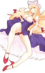 Rule 34 | 1girl, bare shoulders, blonde hair, blue dress, breasts, censored, cleavage, clothes lift, collarbone, commentary request, covered erect nipples, dress, dress lift, dress tug, full body, gap (touhou), hair ribbon, half-closed eyes, hat, high heels, highres, large breasts, long hair, lying, mob cap, no panties, non (z-art), novelty censor, one-hour drawing challenge, purple eyes, red footwear, red neckwear, ribbon, simple background, solo, touhou, very long hair, white background, yakumo yukari