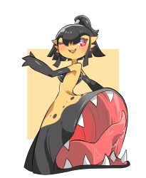 Rule 34 | 1girl, absurdres, arm up, black hair, black skin, blush, border, bright pupils, colored skin, creatures (company), ddingyong, extra mouth, female focus, flat chest, from behind, full body, fusion, game freak, gardevoir, gen 3 pokemon, hair between eyes, happy, high ponytail, highres, looking back, mawile, multicolored skin, nintendo, one eye closed, open mouth, outside border, pokemon, pokemon (creature), red eyes, saliva, sharp teeth, short hair, sidelocks, simple background, smile, solo, standing, teeth, tongue, two-tone skin, white border, white pupils, wink, yellow background, yellow skin