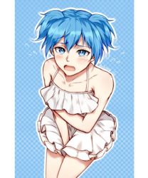 Rule 34 | 1boy, ansatsu kyoushitsu, bad id, bad twitter id, bare arms, bare shoulders, between legs, bikini, blue background, blue eyes, blue hair, blush, collarbone, covering privates, covering breasts, cowboy shot, crossdressing, dated, dress, flying sweatdrops, hand between legs, looking at viewer, male focus, meipoi, open mouth, shiota nagisa, short hair, short twintails, solo, swimsuit, tearing up, trap, twintails, white background