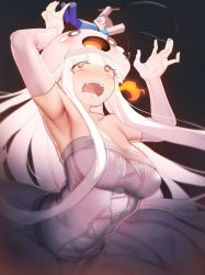 Rule 34 | 1boy, 1girl, absurdres, armpits, arms up, at2., blunt bangs, breasts, cleavage, dress, elbow gloves, ghast, gloves, highres, large breasts, long hair, looking at another, minecraft, mole, mole under eye, personification, red eyes, steve (minecraft), teeth, white dress, white gloves, white hair