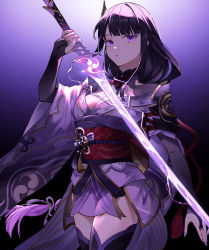 Rule 34 | 1girl, blunt bangs, braid, breasts, cleavage, cowboy shot, fingerless gloves, genshin impact, gloves, half-closed eyes, highres, holding, holding sword, holding weapon, japanese clothes, kimono, long hair, looking at viewer, nail polish, purple background, purple eyes, purple hair, purple kimono, purple nails, raiden shogun, simple background, solo, sword, thighhighs, very long hair, weapon