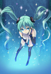 Rule 34 | 1girl, aqua eyes, aqua hair, bad id, bad pixiv id, bridal gauntlets, colored eyelashes, face, hatsune miku, hatsune miku (append), highres, leaning forward, long hair, maeda risou, necktie, smile, solo, thighhighs, twintails, very long hair, vocaloid, vocaloid append