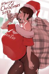 Rule 34 | 1girl, absurdres, animal ears, ass, bare shoulders, black hair, breast shadow, breasts, from side, glasses, hat, highres, huge breasts, looking at viewer, namhorm (puzenketsu), off-shoulder shirt, off shoulder, original, pantyhose, puzenketsu, sack, santa hat, see-through silhouette, semi-rimless eyewear, shirt, short hair, smile, solo, standing, torn clothes, torn pantyhose, torn tights