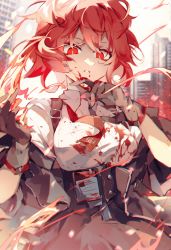 Rule 34 | 1girl, arknights, black gloves, black jacket, black skirt, blood, blood on clothes, blood on face, breasts, cityscape, collared shirt, cowboy shot, day, fiammetta (arknights), finger to face, fire, gloves, high-waist skirt, highres, jacket, looking at viewer, medium breasts, necktie, off shoulder, open clothes, open jacket, outdoors, parted lips, red eyes, red hair, red necktie, sen (5710265), shirt, short hair, skirt, solo, white shirt