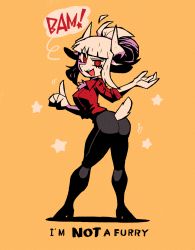 1girl, ass, black pants, breasts, english text, from behind, full body, furry, goat girl, goat horns, goat tail, helltaker, highres, horns, index finger raised, looking at viewer, lucifer (helltaker), orange background, pants, rariatto (ganguri), red eyes, red shirt, shirt, simple background, snout, solo, standing, star (symbol), white hair
