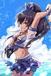 Rule 34 | 1girl, antenna hair, arm up, bikini, bikini under clothes, black hair, blue eyes, blue skirt, breasts, cloud, day, finger to mouth, gakkou tikoku, ganaha hibiki, gloves, grin, hair ribbon, highres, idolmaster, idolmaster (classic), index finger raised, jewelry, long hair, necklace, ocean, one eye closed, outdoors, ponytail, ribbon, short sleeves, skirt, sky, small breasts, smile, solo, sparkle, swimsuit, swimsuit under clothes, thigh strap, water, white gloves