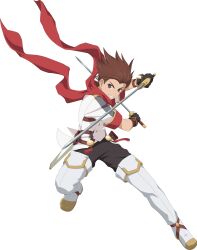 Rule 34 | 1boy, armor, black gloves, boots, commentary, dual wielding, english commentary, gloves, highres, holding, holding sword, holding weapon, lloyd irving, lloyd irving (fang of the white lions), male focus, official alternate costume, official art, red scarf, scarf, short sleeves, smile, spiked hair, sword, tales of (series), tales of asteria, tales of symphonia, thigh boots, transparent background, weapon