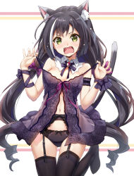 Rule 34 | 1girl, animal ear fluff, animal ears, babydoll, black hair, black panties, black thighhighs, blush, bow, bow panties, breasts, cat ears, cat girl, cat tail, detached collar, eretto, fangs, garter belt, garter straps, gluteal fold, green eyes, karyl (princess connect!), lace, lace-trimmed legwear, lace trim, lingerie, long hair, looking at viewer, low twintails, multicolored hair, navel, open mouth, panties, princess connect!, ribbon, simple background, small breasts, solo, strap pull, streaked hair, tail, tail raised, tearing up, thigh gap, thighhighs, twintails, underwear, very long hair, white background, white hair, wrist ribbon