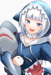 Rule 34 | 1girl, absurdres, animal hood, bad id, bad pixiv id, blue eyes, blue hair, blue hoodie, collarbone, commentary, english commentary, gawr gura, gawr gura (1st costume), highres, hololive, hololive english, hood, hoodie, looking at viewer, multicolored hair, mushrooming man, open mouth, shark hood, sharp teeth, short hair, silver hair, simple background, smile, solo, standing, streaked hair, stuffed animal, stuffed shark, stuffed toy, teeth, virtual youtuber, white background