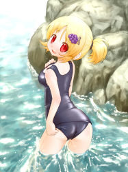 Rule 34 | 1girl, aki minoriko, arinu, blonde hair, blush, breasts, female focus, food, from behind, fruit, grapes, hair ornament, looking at viewer, looking back, one-piece swimsuit, red eyes, school swimsuit, shiny clothes, short hair, smile, solo, swimsuit, touhou, wading, water, wet, wet clothes