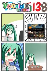 Rule 34 | 1girl, 4koma, :d, aqua eyes, aqua hair, beamed quavers, catstudioinc (punepuni), collared shirt, comic, commentary request, cup, drinking glass, emphasis lines, halloween, hatsune miku, highres, left-to-right manga, monitor, musical note, necktie, open mouth, plate, quaver, shirt, smile, solo, steam (platform), table, thai text, translation request, twintails, vocaloid, wrapper
