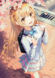 Rule 34 | 1girl, backpack, bag, blonde hair, blue bow, blue bowtie, blue skirt, blurry, blurry foreground, blush, bow, bowtie, brown eyes, cherry blossoms, collared shirt, flower, hands up, highres, long hair, long sleeves, looking at viewer, looking up, original, outdoors, parted lips, pink flower, pleated skirt, road, school uniform, shirt, sidewalk, skirt, smile, solo, standing, street, striped clothes, striped skirt, tree, white shirt, zeroillya