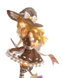 Rule 34 | 1girl, adapted costume, blonde hair, bow, braid, broom, choker, frills, hair bow, hat, hat bow, highres, kirisame marisa, leg up, long hair, open mouth, orange eyes, puffy short sleeves, puffy sleeves, ribbon, ribbon trim, sarie (zyy842434511), sash, short sleeves, simple background, sketch, solo, star (symbol), striped clothes, striped thighhighs, thighhighs, touhou, white background, witch hat, zettai ryouiki