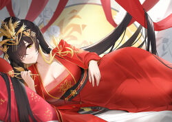 Rule 34 | 1girl, azur lane, black hair, breasts, chinese clothes, cleavage, closed mouth, dress, hair ornament, hair over one eye, hand fan, harbin (azur lane), harbin (red paeonia) (azur lane), highres, holding, holding fan, jewelry, large breasts, long hair, looking at viewer, mole, mole under eye, official alternate costume, official alternate hairstyle, qing wu, red dress, red nails, red ribbon, ribbon, ring, smile, solo, very long hair, wedding ring, yellow eyes