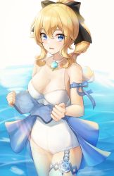 Rule 34 | 1girl, arm ribbon, bare shoulders, black bow, blonde hair, blue eyes, blue flower, bow, breasts, choker, cleavage, clothes pull, dress pull, flower, genshin impact, hair between eyes, hair bow, highres, in water, jean (genshin impact), jean (sea breeze dandelion) (genshin impact), large breasts, long hair, official alternate costume, one-piece swimsuit, open mouth, ponytail, pulled by self, ribbon, solo, sora (men0105), swimsuit, thigh strap, thighs, vision (genshin impact), wading, white one-piece swimsuit