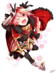 Rule 34 | 1boy, ;d, amamfoy, artist name, astolfo (fate), black thighhighs, blush, braid, cape, capelet, fate (series), flower, full body, fur trim, garter straps, gauntlets, male focus, one eye closed, open mouth, pink hair, red cape, red eyes, running, smile, solo, thighhighs, trap, v
