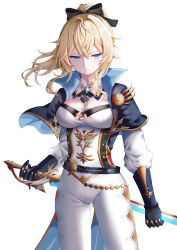 Rule 34 | 1girl, absurdres, blonde hair, blue capelet, blue eyes, bow, breasts, capelet, cleavage, closed mouth, coattails, commentary, detached collar, favonius sword (genshin impact), gauntlets, genshin impact, hair between eyes, hair bow, highres, holding, holding sword, holding weapon, jean (genshin impact), large breasts, long sleeves, looking to the side, mochi mochi052, multicolored capelet, pants, ponytail, serious, shirt, sidelocks, solo, strapless, strapless shirt, sword, tight clothes, tight pants, weapon, white background, white pants, white shirt