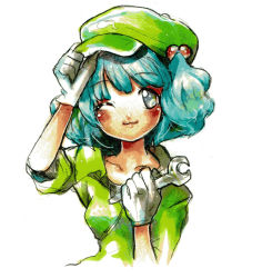 Rule 34 | 1girl, :3, ;3, aqua eyes, aqua hair, arm up, blue hair, blush, blush stickers, collarbone, engineer, gloves, hair bobbles, hair ornament, hand on headwear, hands up, hat, highres, kawashiro nitori, key, looking at viewer, mini kibou, one eye closed, short hair, short sleeves, simple background, smile, solo, touhou, traditional media, twintails, two side up, upper body, white background, white gloves, wink, wrench